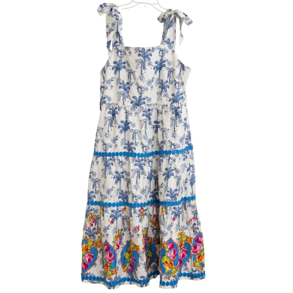 Emily Lovelock Tiered Midi Dress Sz L Coastal Toile de Jouy Resortwear Boho